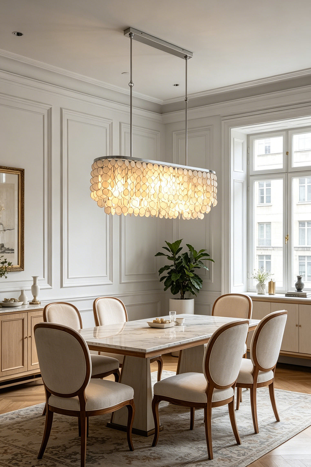 Coastal style elongated shell chandelier | Iron | Shell | Centered over a long wooden dining table in a bright room | vexa lamps