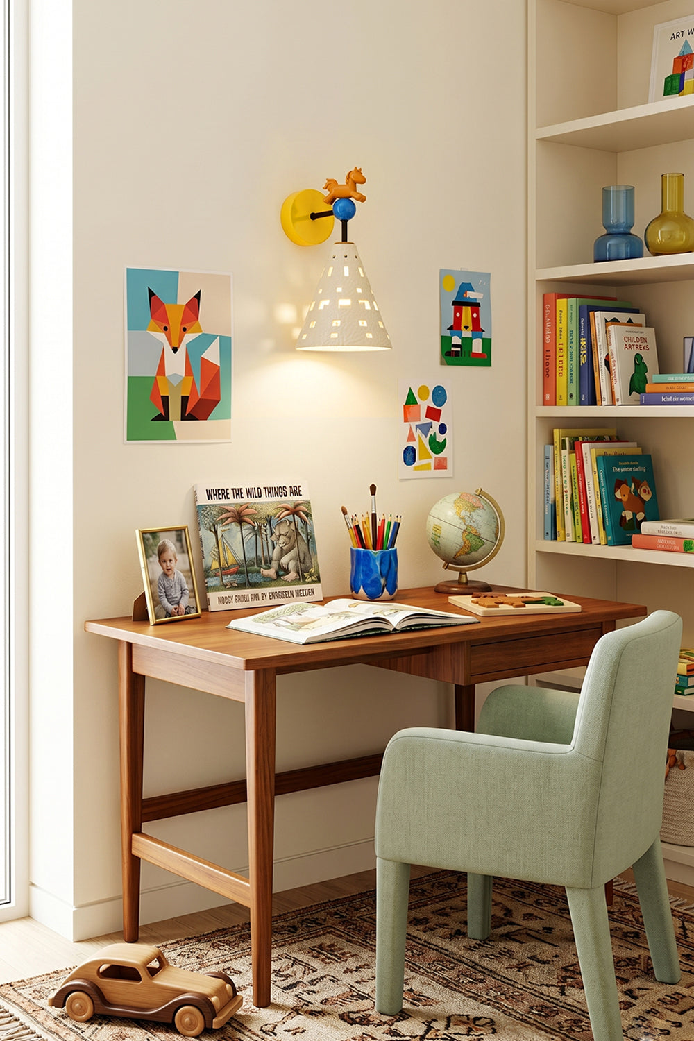 Carousel Horizon Ceramic Wall Sconce | Metal, Resin, Ceramics | Providing light over a child's wooden study desk and a green armchair in a bright playroom | vexa lamps