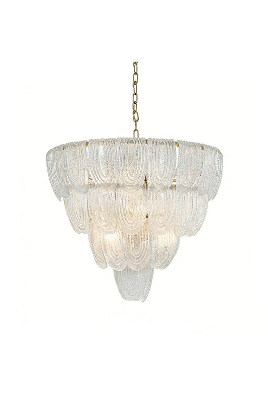 Lit tiered cascading glass petal chandelier | Metal, Glass | Front view isolated on white background | vexa lamps