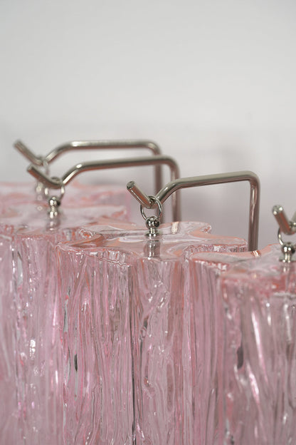 Cascading Prism Pink Glass Wall Light | Glass, Metal | Close-up focus on the silver-finished metal hardware and suspension system | Detail shot | vexa lamps Cascading Prism