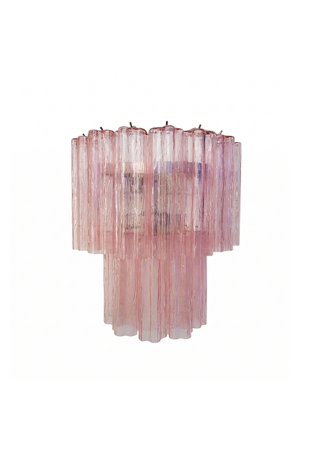 Cascading Prism Pink Glass Wall Light | Glass, Metal | Two-tier pink rippled glass prisms in a tiered waterfall design | Isolated lit product shot on white background | vexa lamps Cascading Prism