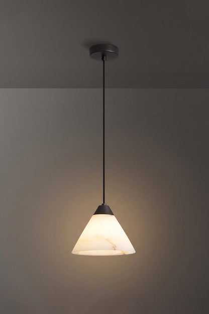 Caspian Conical Alabaster Pendant Light | Natural Alabaster and Black Metal | Full studio view of the illuminated cone fixture featuring a matte black rod option | vexa lamps