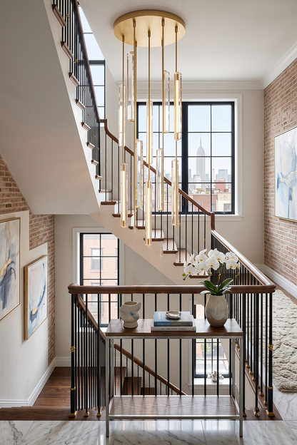 Cassian Cascading Crystal Ring Chandelier hanging over a stylish stairwell with artwork and a floral display.