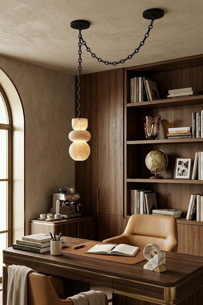 Celestial Alabaster Chandelier | Alabaster, Metal | Single pendant version in a dark wood home office | vexa lamps