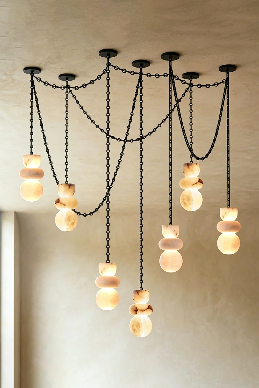 Celestial Alabaster Chandelier | Alabaster, Metal | Six-light sprawling spider design with lit shades | vexa lamps