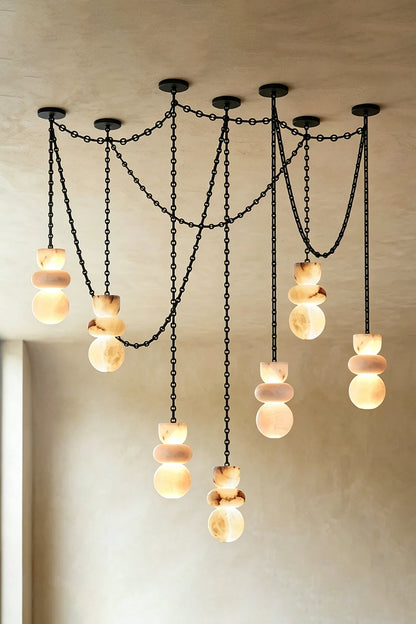 Celestial Alabaster Chandelier | Alabaster, Metal | Six-light sprawling spider design with lit shades | vexa lamps