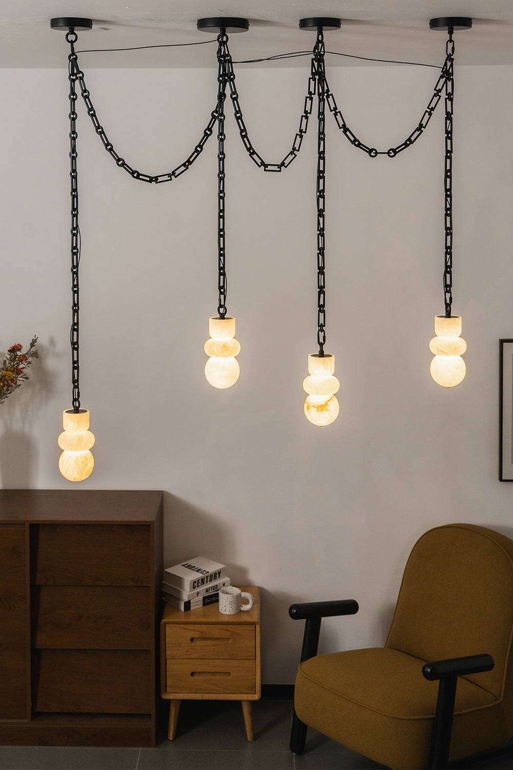 Celestial Alabaster Chandelier | Alabaster, Metal | Linear pendant arrangement in a minimalist workspace | vexa lamps