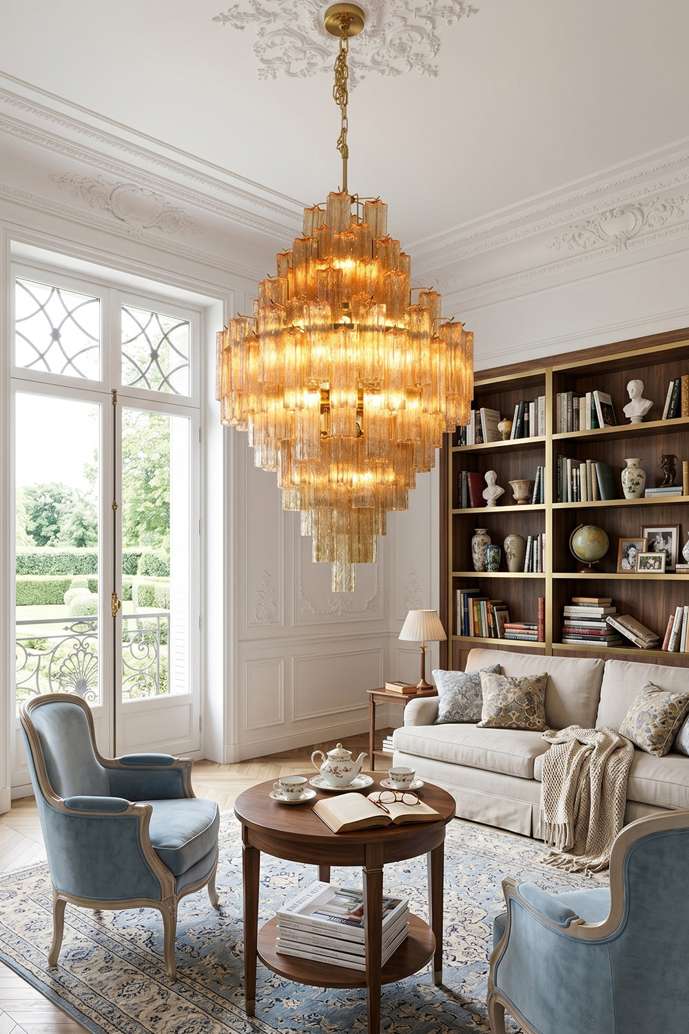 Celestial Glass Cascade Chandelier illuminating a stylish living room with elegant decor.