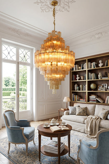 Celestial Glass Cascade Chandelier illuminating a stylish living room with elegant decor.