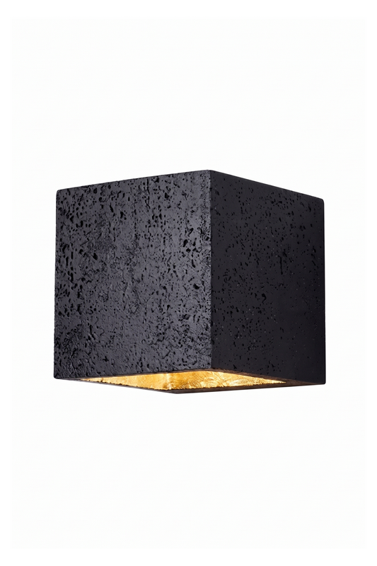 Celestial Tectonic Black Travertine Wall Lamp | Black Travertine | Cubic form, porous stone texture, gold leaf interior | Isolated on white | vexa lamps