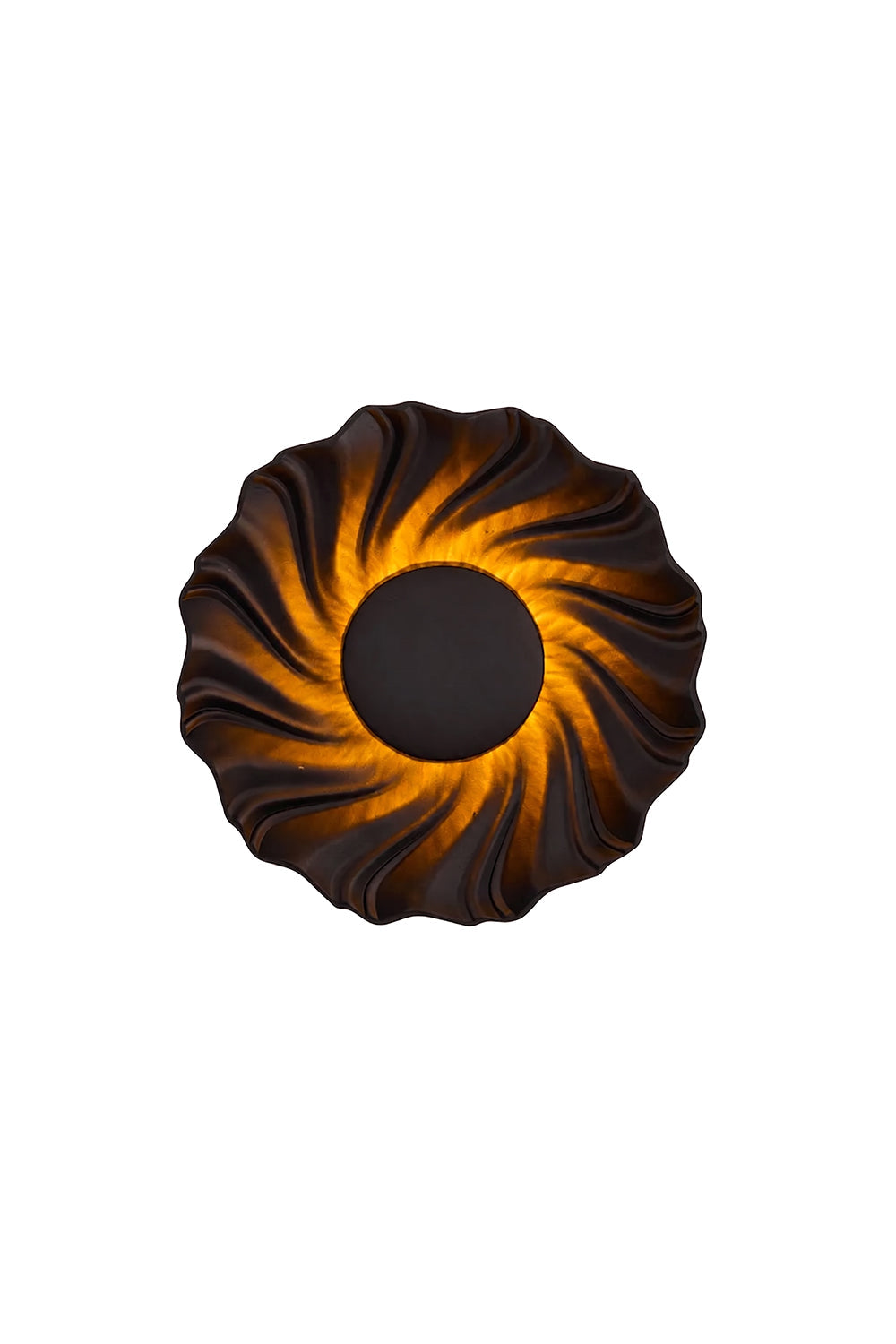 Centripetal Solstice Metal Wall Lamp | Metal, Resin | Black with intricate wood-grain concentric ripple texture and warm indirect backlighting | Isolated lit product shot on white background | vexa lamps