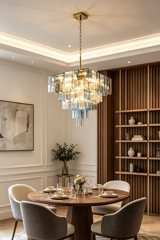 Clarissa Tiered Square Glass Chandelier | Dining Room Chandelier | Hanging elegantly as a centerpiece over a round wooden dining table and contemporary chairs in a luxury dining space | vexa lamps