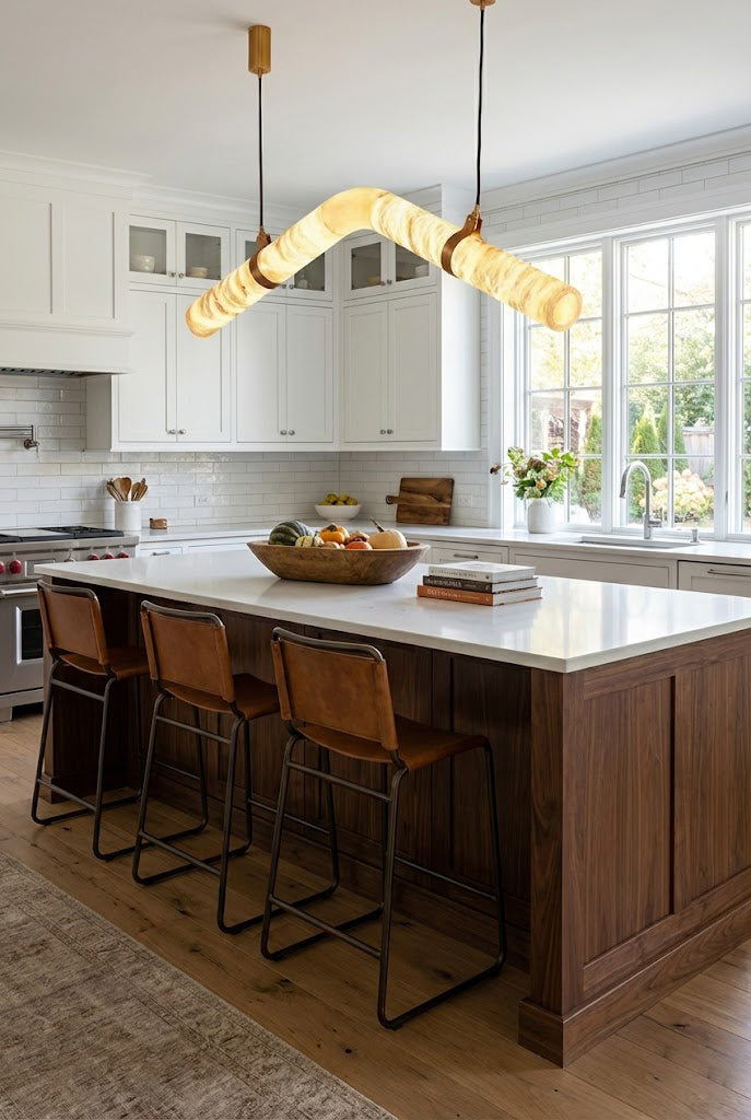 Contemporary undulating alabaster light fixture | Alabaster, Brass | Installed over a marble island with wooden chairs | vexa lamps