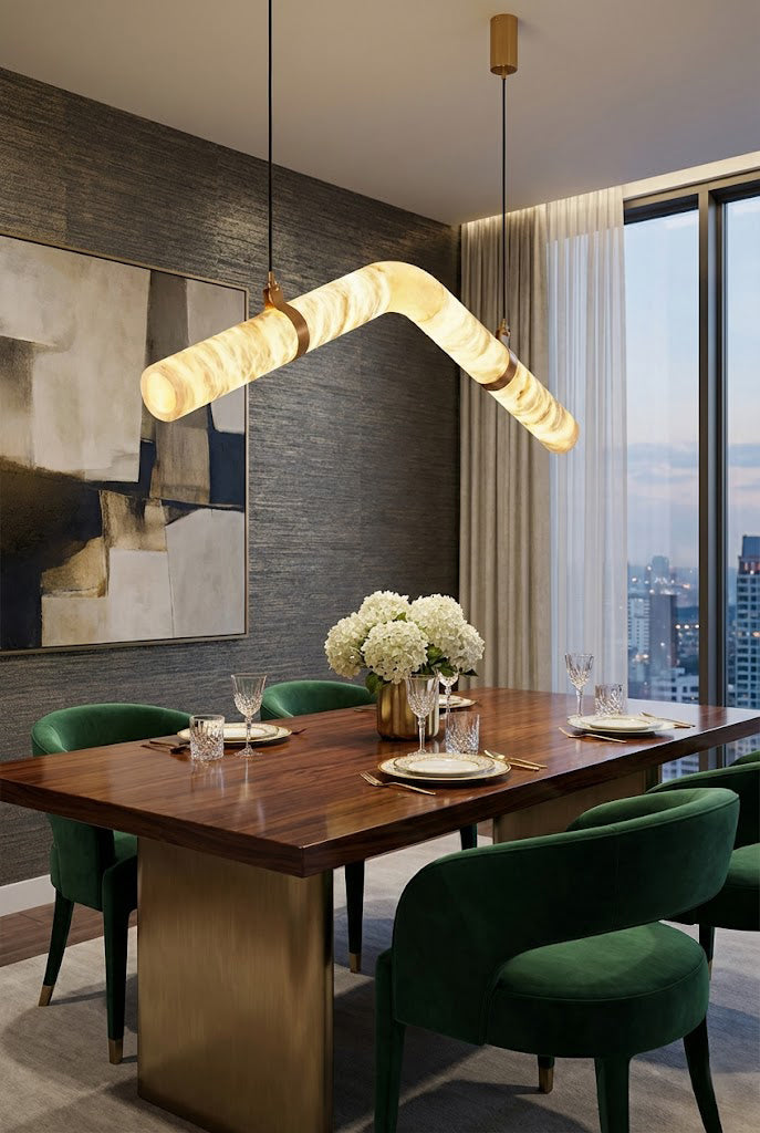 Undulating alabaster tube chandelier over green chairs | Alabaster, Brass | Modern dining room with dark wood table | vexa lamps