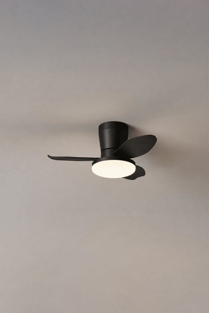 Corin Low-Profile Ceiling Fan Light in black, featuring sculpted blades and a soft LED light for ambient illumination.