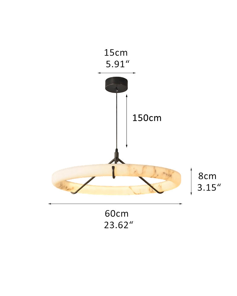 Black Metal Modern Round Ring Alabaster Pendant Light, Width 3.15"