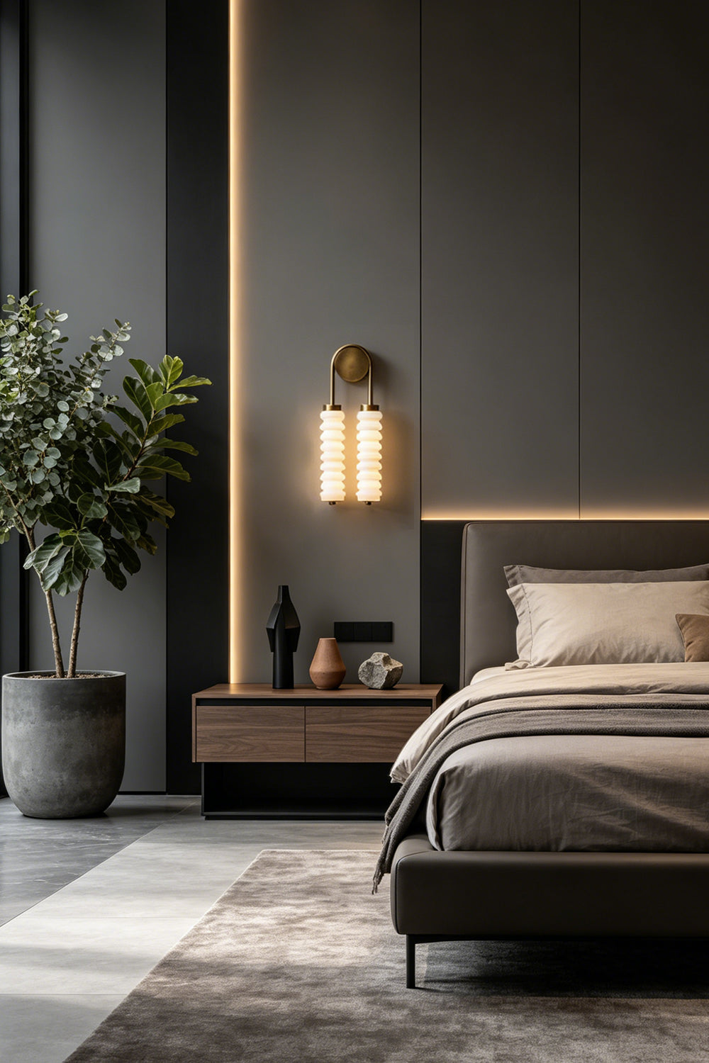 Dual Strata Alabaster Wall Lamp | Metal, Alabaster | Lit lamp creating a calming ambiance in a modern bedroom corner next to a bed | vexa lamps