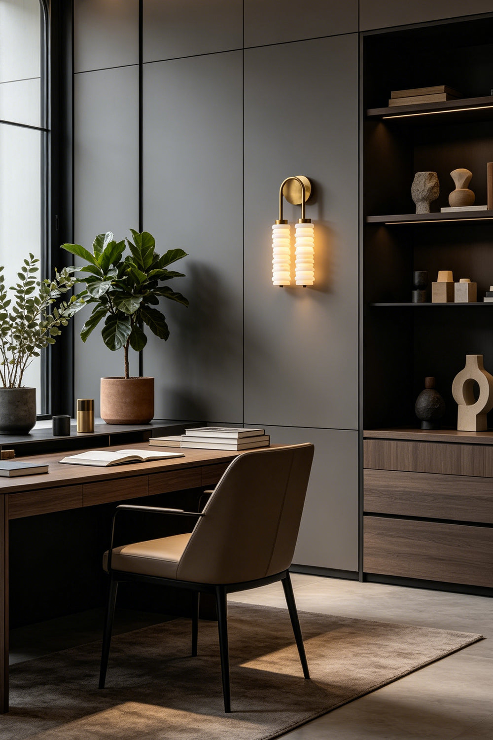 Dual Strata Alabaster Wall Lamp | Metal, Alabaster | Lit lamp above a desk in a clean, minimalist home office | vexa lamps