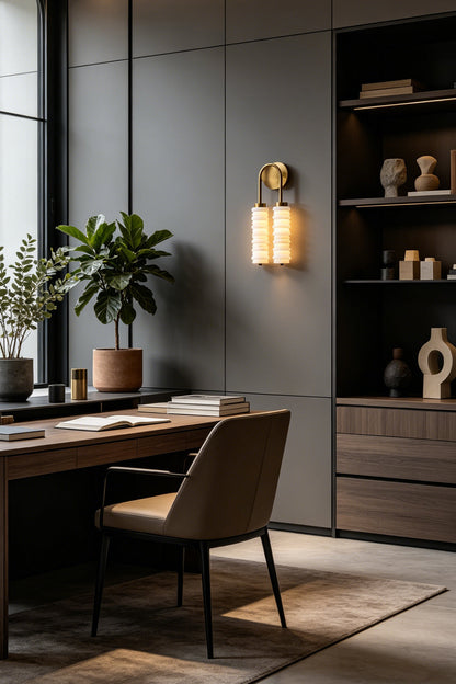 Dual Strata Alabaster Wall Lamp | Metal, Alabaster | Lit lamp above a desk in a clean, minimalist home office | vexa lamps