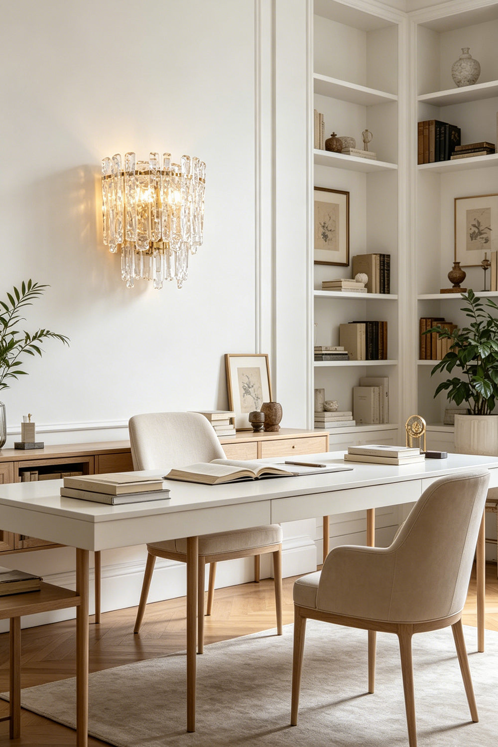 Elara Textured Cast Glass Wall Lamp | Textured Cast Glass, Polished Brass | Positioned on a white wall above a desk with books and a small vase, providing a focused, high-end look for a home office or study | vexa lamps