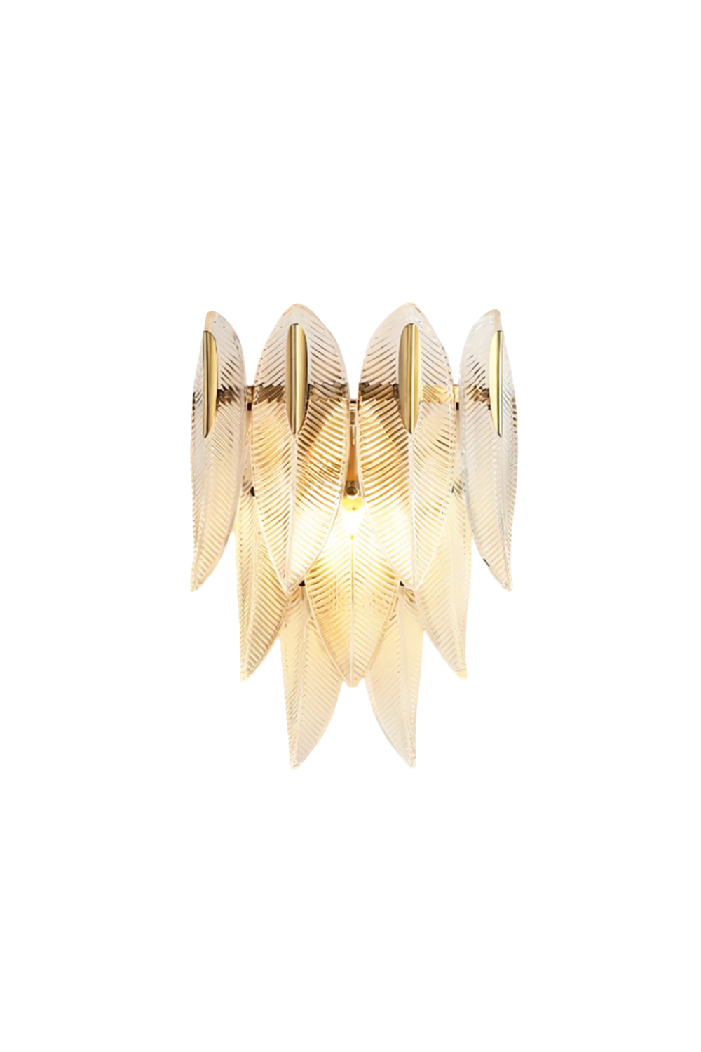 Elowen Cascading Glass Wall Lamp | Glass, Metal | Fully lit luxury modern wall sconce featuring layered, textured clear glass leaf panels arranged in a cascading silhouette on a polished gold brass frame | Isolated product shot on white background | vexa lamps