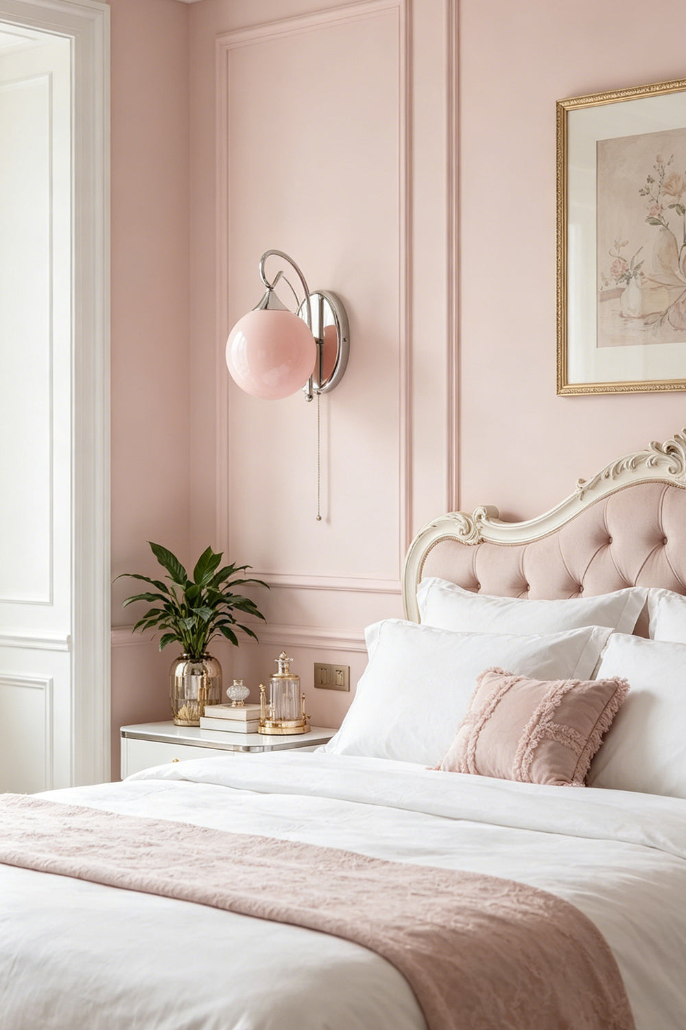 Single pink glass wall light | Metal, Glass | Bedside installation in feminine classic bedroom | vexa lamps