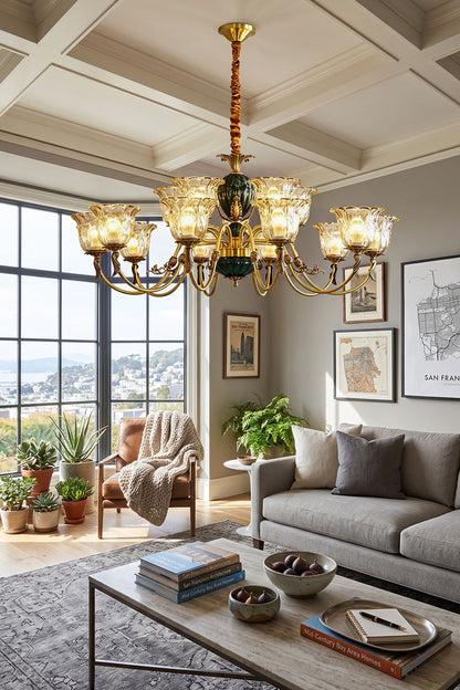 Emeric Green Porcelain and Brass Chandelier illuminating a stylish living room with modern decor and natural light.