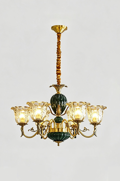 Emeric Green Porcelain and Brass Chandelier with six glass lights and an ornate design.