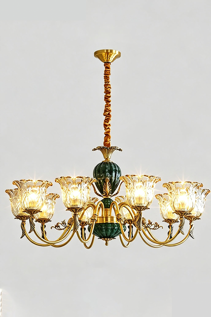 Emeric Green Porcelain and Brass Chandelier showcasing elegant design with glass shades and brass accents.
