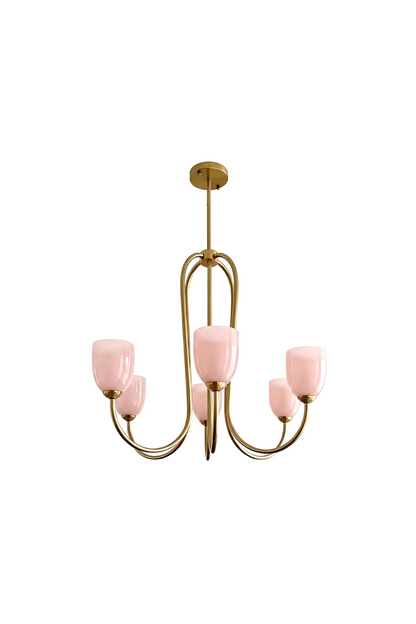 6-light Ethereal Floret Lacquer Chandelier with pink glass shades | Metal, Glass | Isolated on off-white background | vexa lamps