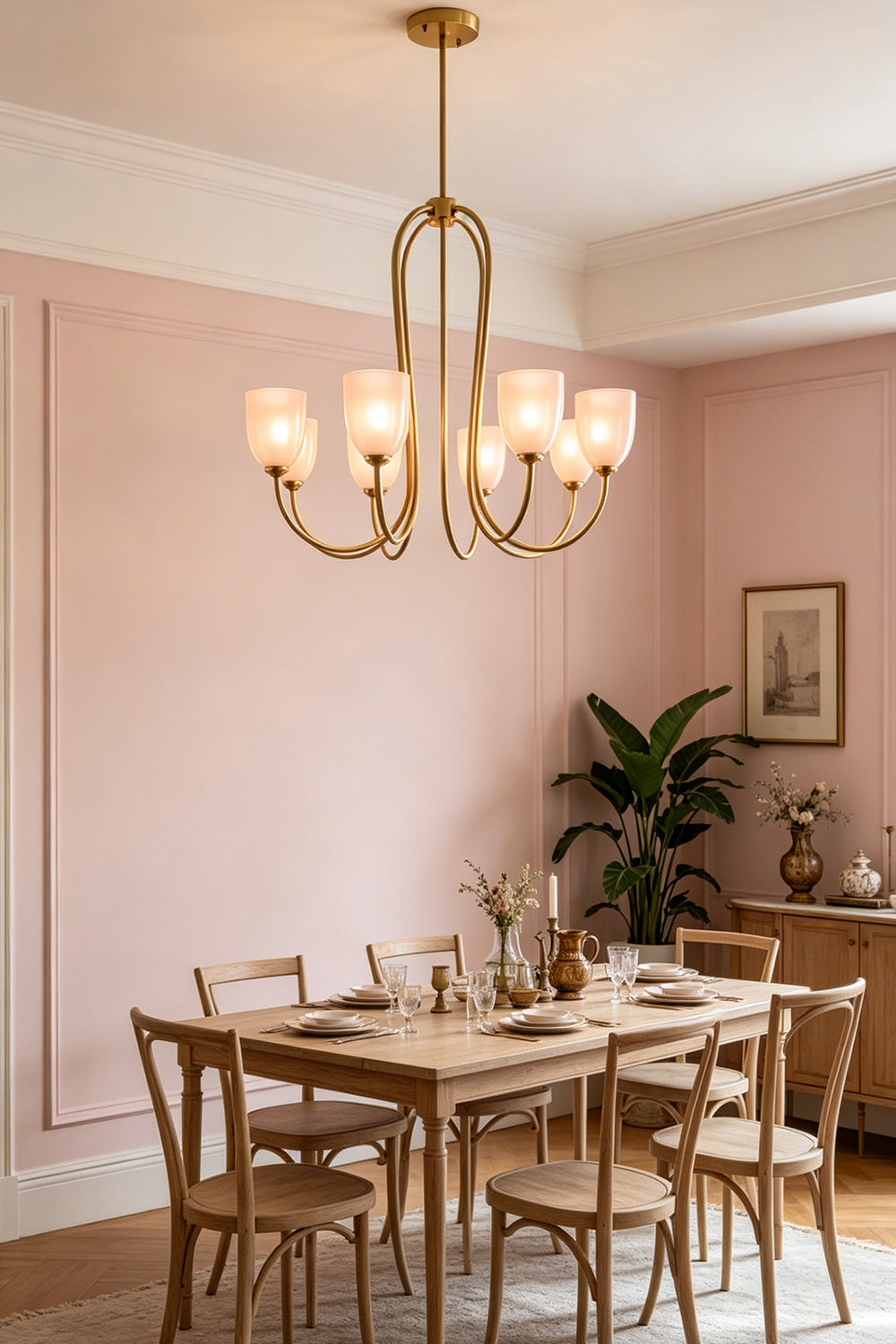 8-light Ethereal Floret Lacquer Chandelier with white shades | Metal, Glass | Over a wooden dining table in a rustic dining room | vexa lamps