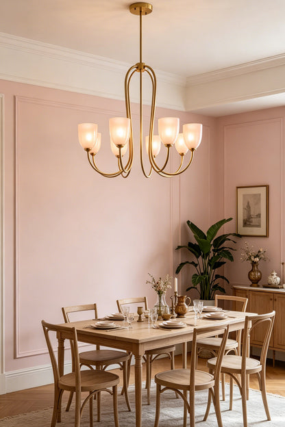 8-light Ethereal Floret Lacquer Chandelier with white shades | Metal, Glass | Over a wooden dining table in a rustic dining room | vexa lamps