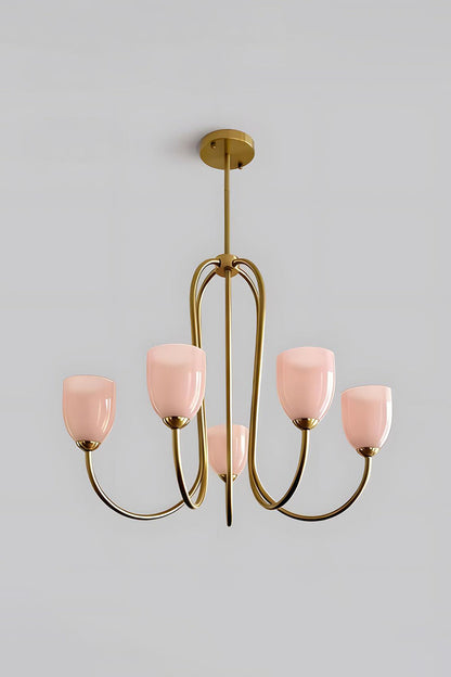 5-light Ethereal Floret Lacquer Chandelier with pink glass shades | Metal, Glass | Isolated product shot on white background | vexa lamps