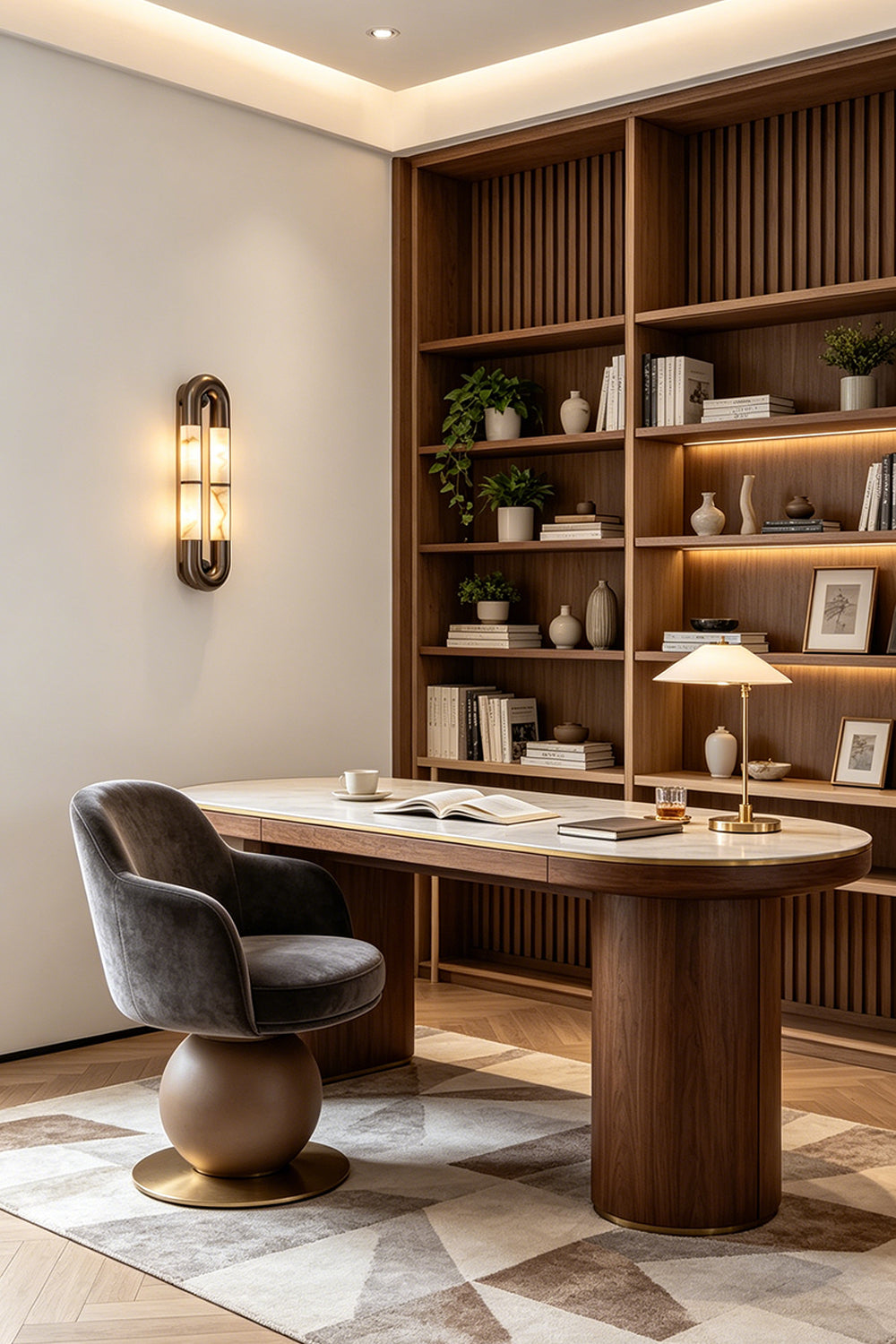 Evadne Alabaster Link Wall Sconce | Alabaster, Metal | Providing warm ambient wall lighting in a sophisticated home office next to an executive wood desk and built-in library shelves | vexa lamps