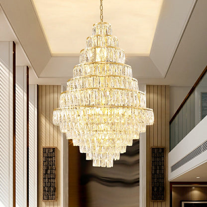 Morylighting Grand Radiance Round Crystal Chandelier - dramatic American stairwell with soaring ceiling