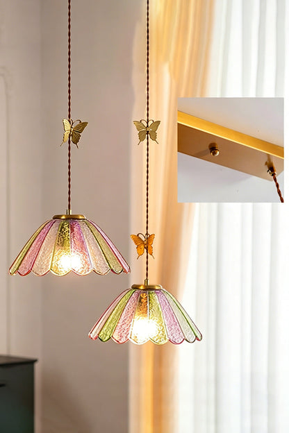 Faye Pastel Scalloped Glass Pendant Lamp | Glass, Metal | A pair of lit pastel glass pendants providing romantic accent illumination near a sunlit window | vexa lamps