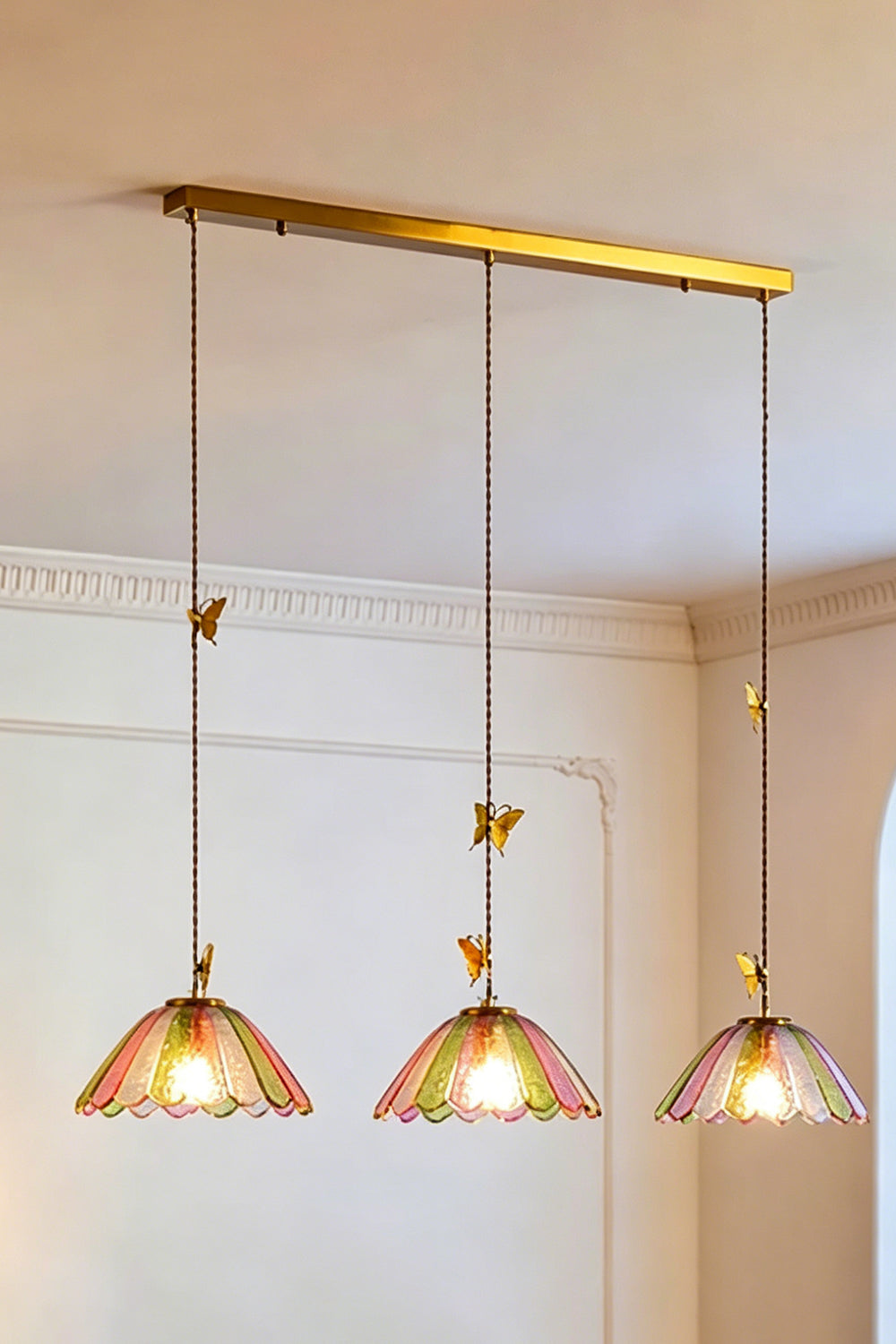Faye Pastel Scalloped Glass Pendant Lamp | Glass, Metal | Full view of the 3-light linear variant suspended from a rectangular polished brass ceiling canopy plate | vexa lamps