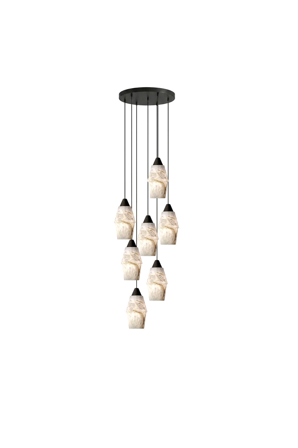 Gemma Staggered Alabaster Cluster Chandelier | Alabaster, Metal | Isolated lit view of a luxury multi-light cluster pendant chandelier featuring multiple organic rock-shaped white alabaster shades staggered from a black ceiling canopy | White background | vexa lamps