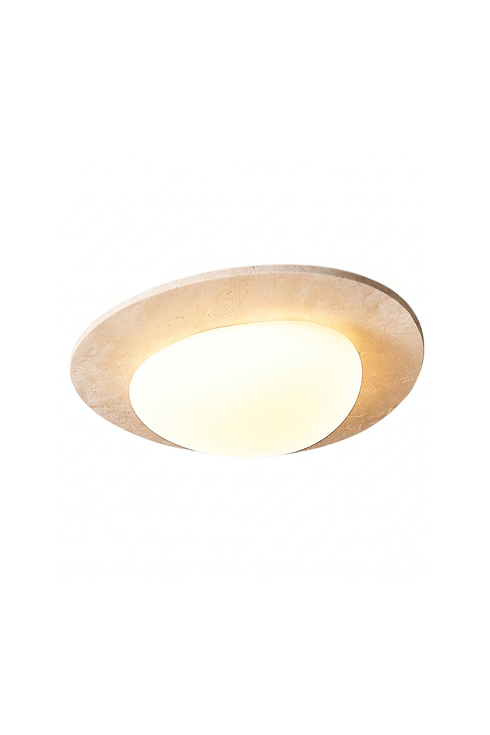 Geoidal Halo Travertine Ceiling Light | Travertine, Glass | Isolated unlit view | Asymmetric stone halo with center diffuser | vexa lamps