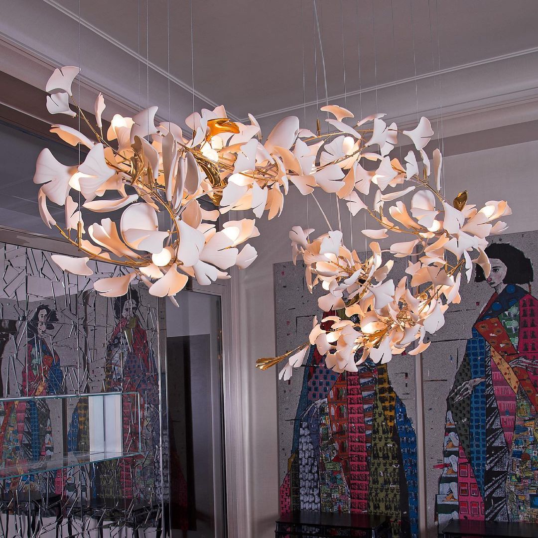 Gingko Leaves Ceramics Spiral Branch Chandelier