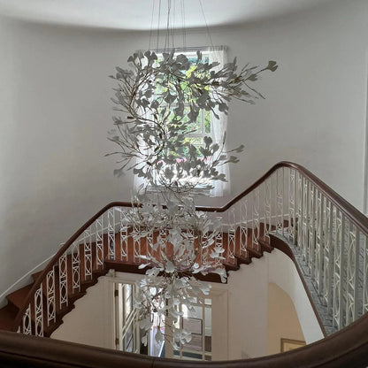 Artistic Tree Branch Pendant Light with Ceramic Ginkgo Leaves for High Ceilings in Hotel or Home