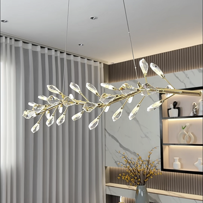 Sleek Modern Branch Crystal Leaves Linear Chandelier for Kitchen Island and Dining Room