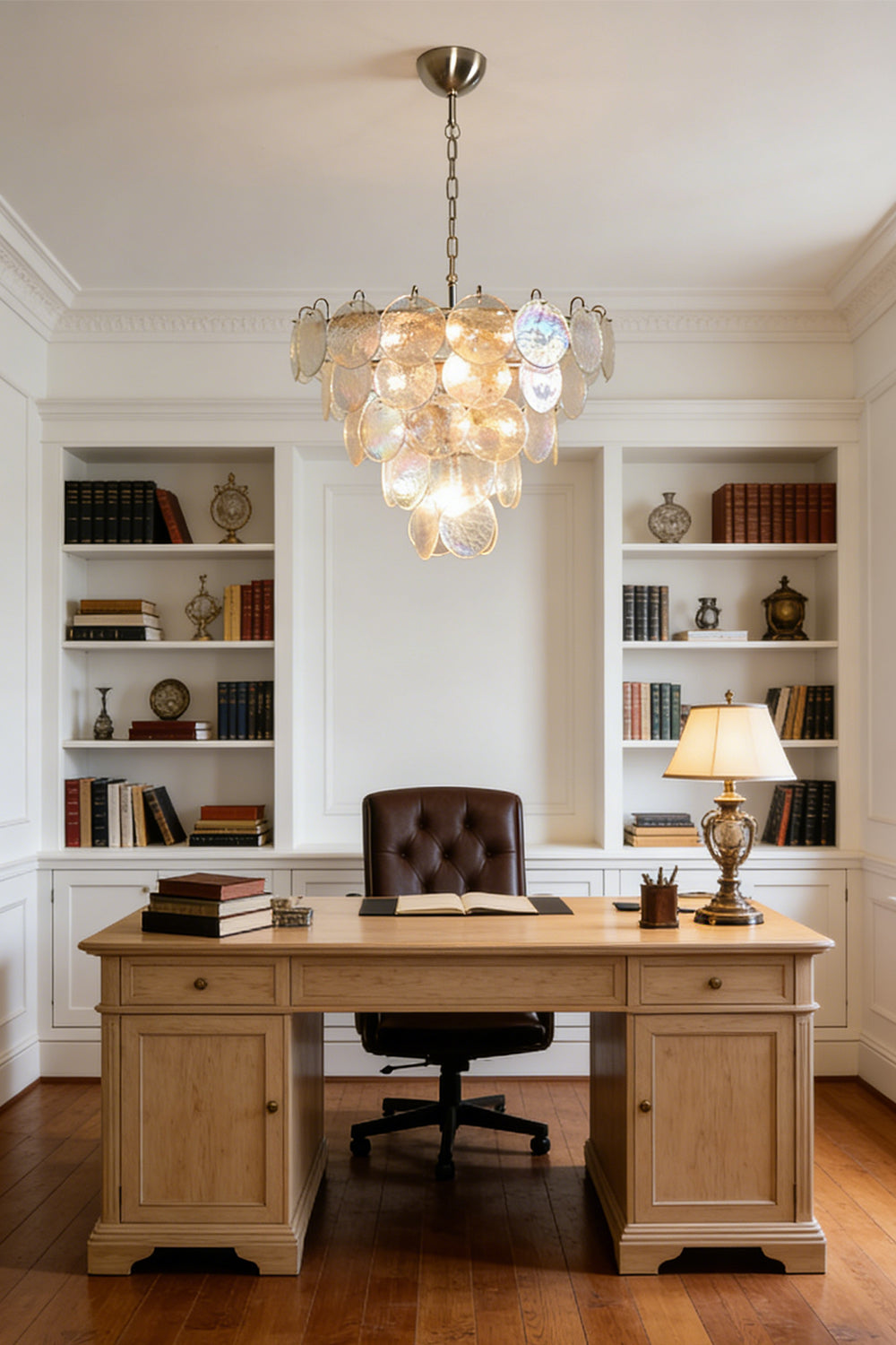 Iridescent glass cluster chandelier | Metal, Glass | Installed in a home office above a wooden desk | vexa lamps