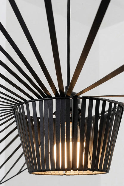 Macro shot of black pendant lamp ribs | Metal | Polyurethane elastic cloth | Glass fiber | Focusing on the fine material texture and design | vexa lamps