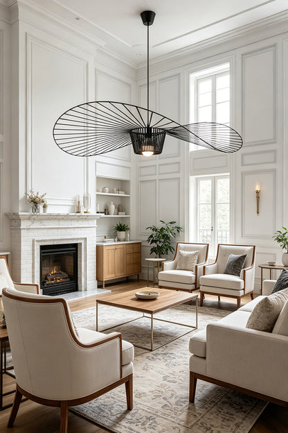 Statement black hat-shaped chandelier | Metal | Polyurethane elastic cloth | Glass fiber | Interior scene view in a spacious bright living room | vexa lamps
