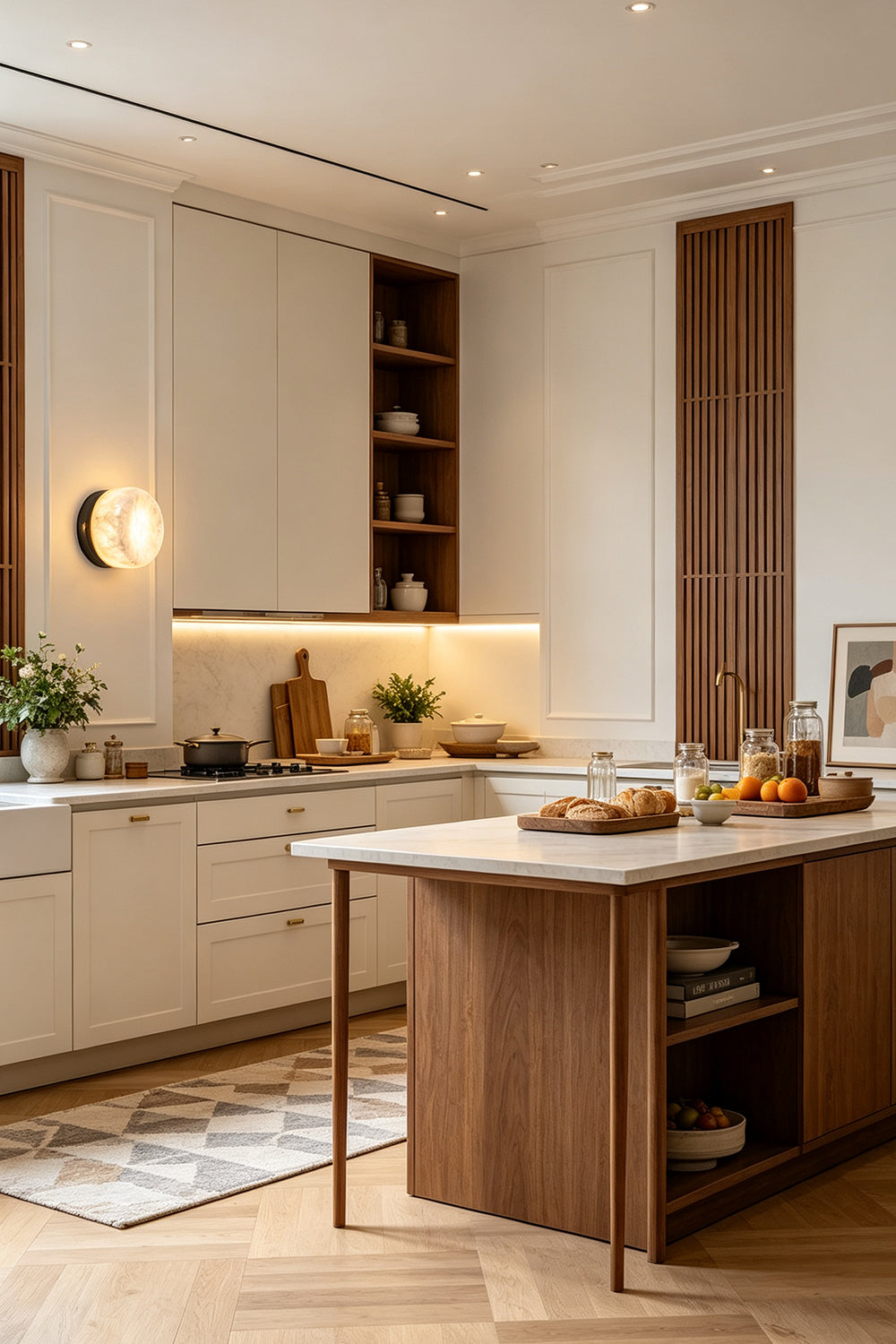 Isolde Concave Alabaster Disc Wall Sconce | Natural Alabaster and Brass | Illuminating a bright contemporary kitchen wall featuring a wooden island and cabinets | vexa lamps