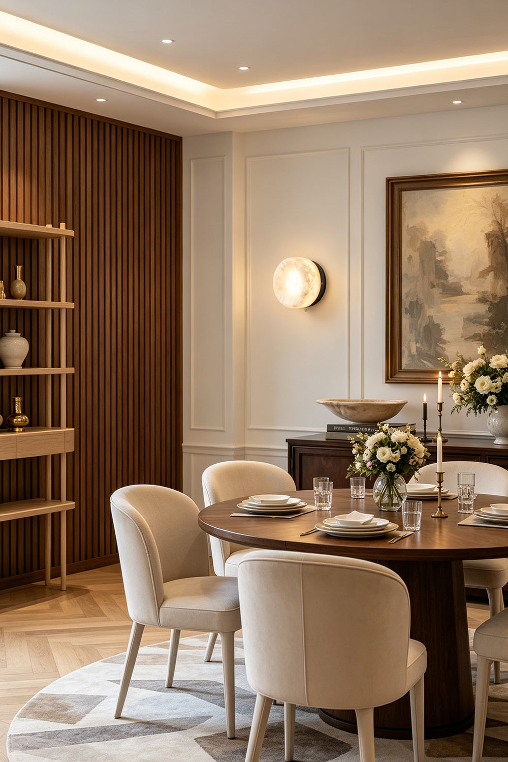 Isolde Concave Alabaster Disc Wall Sconce | Natural Alabaster and Brass | Mounted on a warm wood-paneled wall in an elegant dining room with a round table | vexa lamps