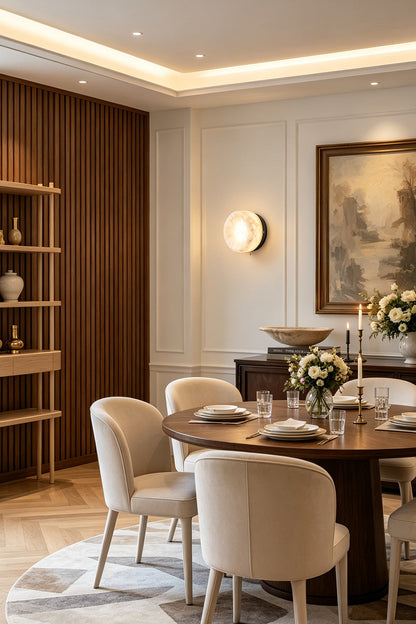 Isolde Concave Alabaster Disc Wall Sconce | Natural Alabaster and Brass | Mounted on a warm wood-paneled wall in an elegant dining room with a round table | vexa lamps
