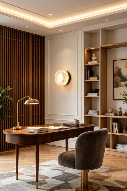 Isolde Concave Alabaster Disc Wall Sconce | Natural Alabaster and Brass | Adding elegant ambient lighting to a modern home office with a wooden desk and shelves | vexa lamps