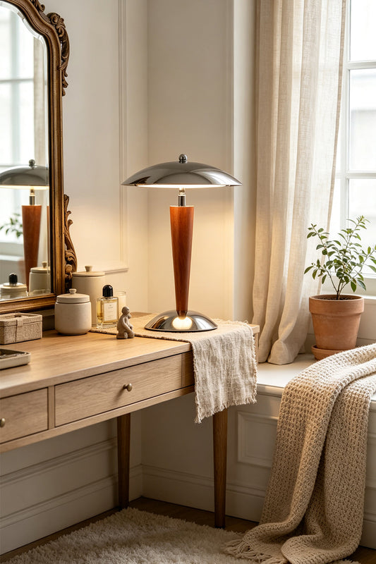 Isolde Domed Walnut Table Lamp | Vanity Desk Decor | Standing illuminated as a stylish accent light on a wooden dressing table next to a classic carved mirror in a sunlit room | vexa lamps